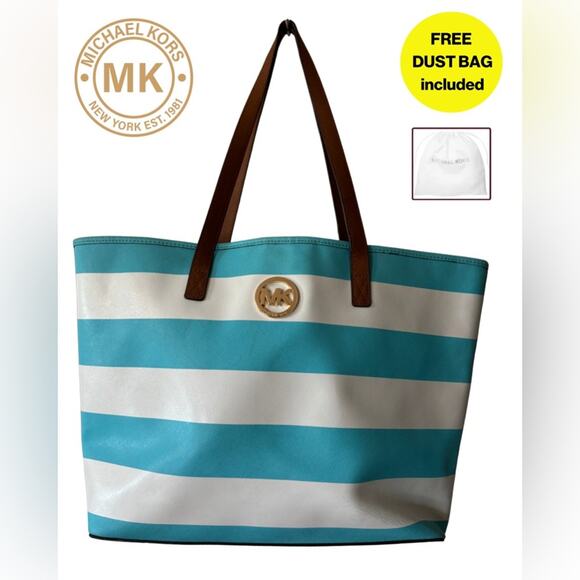🩵MICHAEL KORS🩵 Blue & White Striped Shoulder Canvas Tote, Gold Logo - Picture 1 of 15